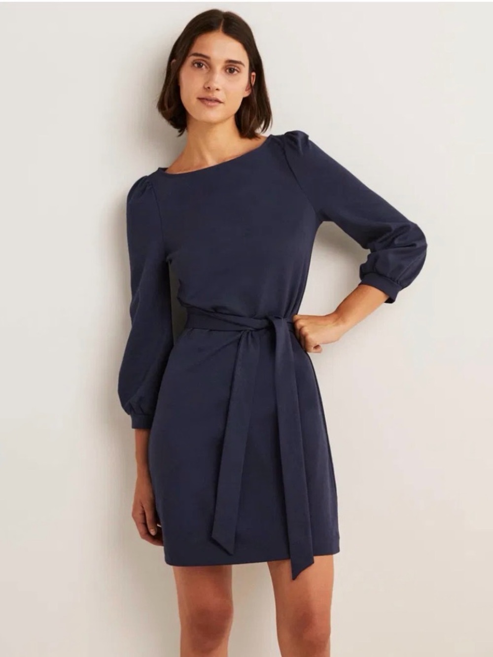 Boden Navy Belted Mini Dress with Puff Sleeves